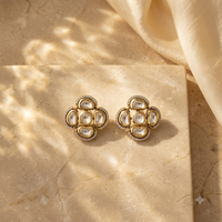 Vedilora Kundan Geometric Stud Earrings – Gold-Tone White Stone Statement Jewellery
