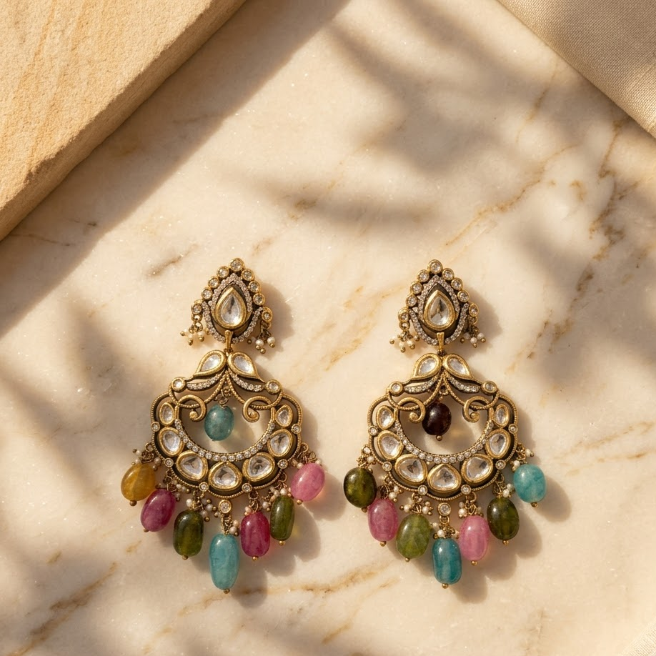 Vedilora Kundan Pearl Chandbali Earrings – Traditional Statement Jewellery