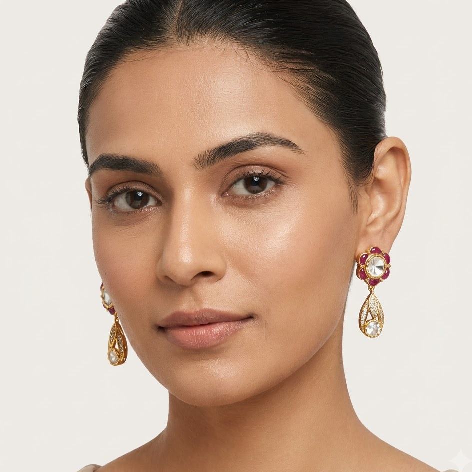 Vedilora Kundan Drop Earrings – Green, Blue & Ruby Floral Statement Jewellery
