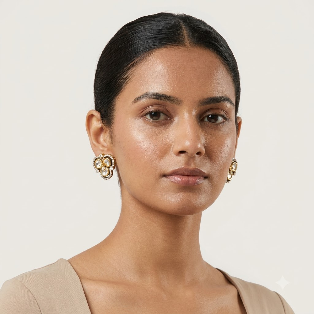 Vedilora Kundan Floral Stud Earrings – Elegant Gold-Tone Statement Jewellery
