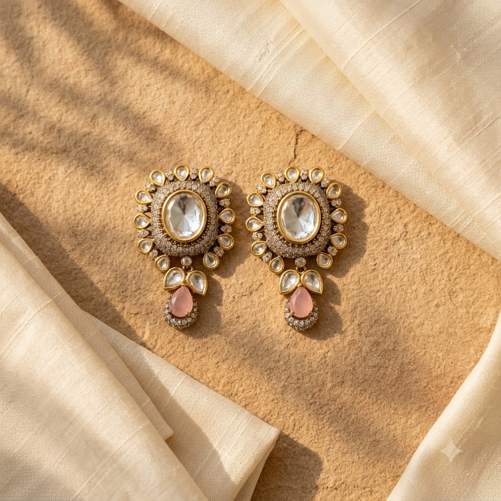 Vedilora Kundan Drop Earrings – Multicolor Stone & Gold-Tone Statement Earrings
