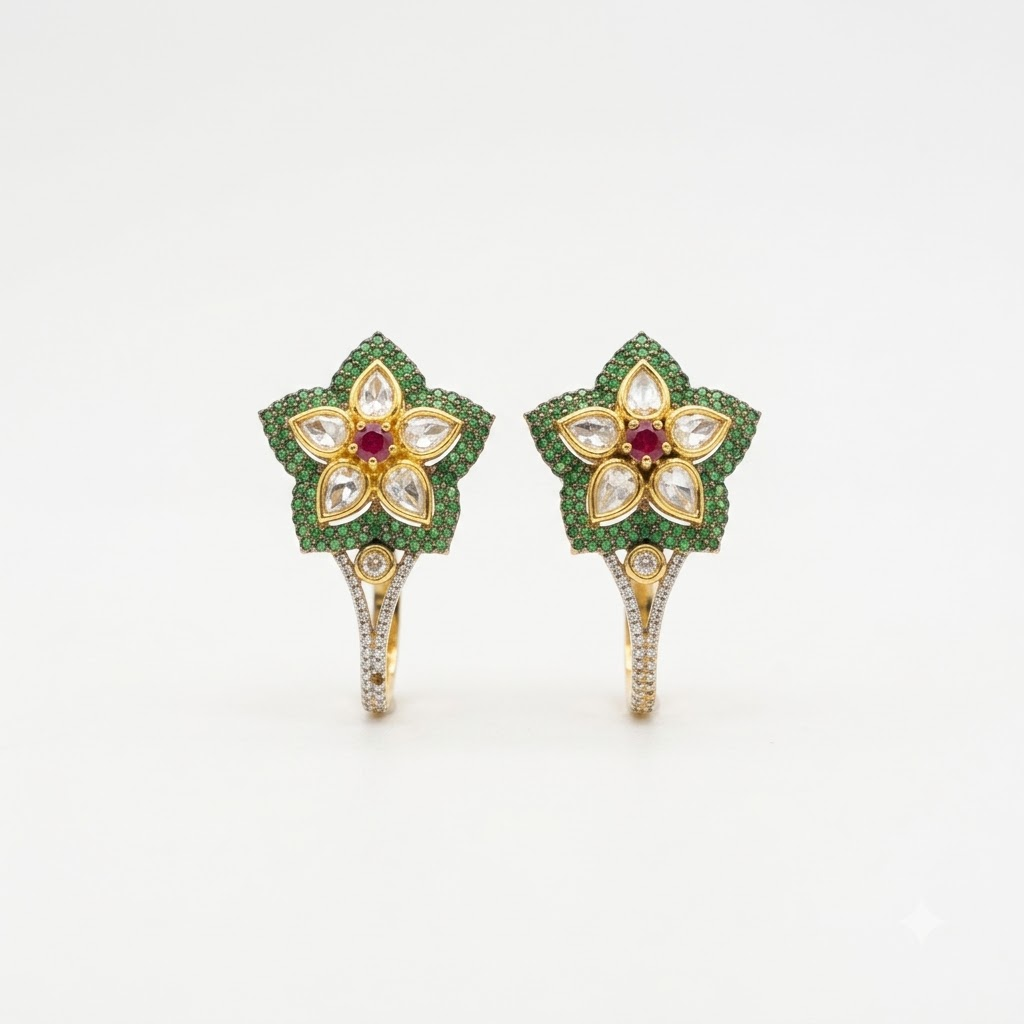 Vedilora Kundan Floral Drop Earrings – Green & White Statement Earrings