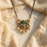Elegant Green Lotus Pearl Mangalsutra – Gold-Finish Statement Pendant