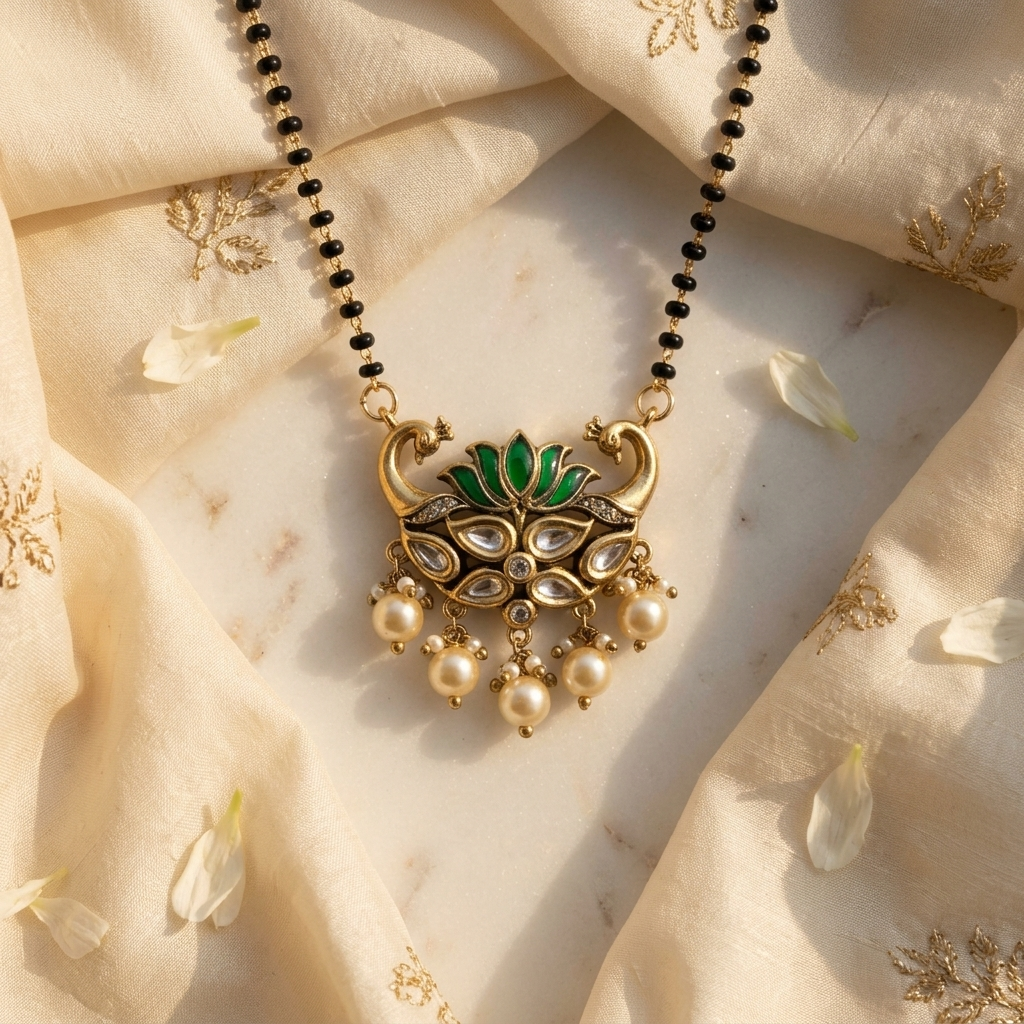 Elegant Green Lotus Pearl Mangalsutra – Gold-Finish Statement Pendant