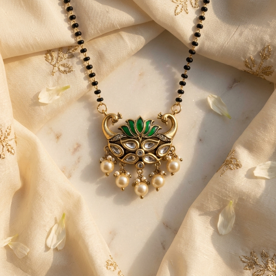 Elegant Green Lotus Pearl Mangalsutra – Gold-Finish Statement Pendant