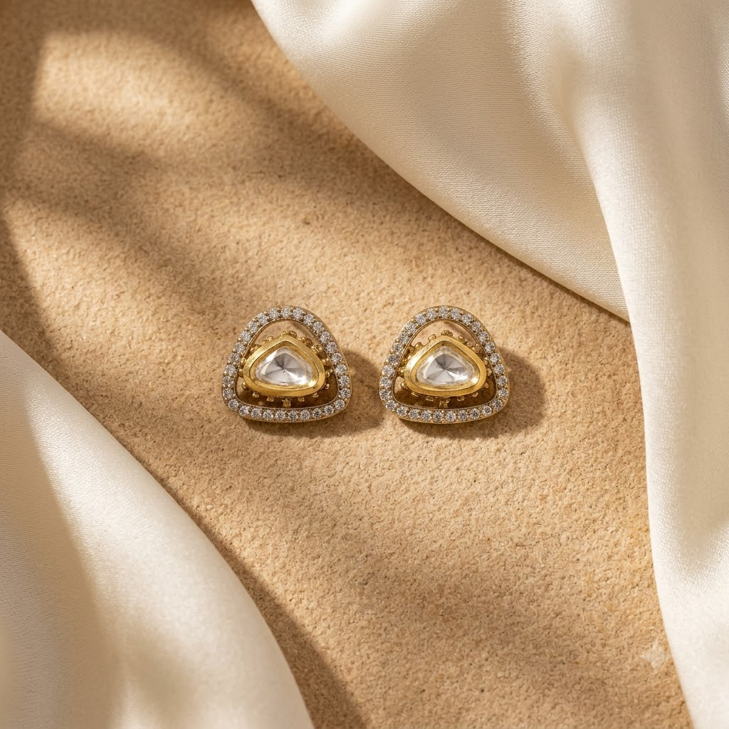Vedilora Kundan Triangle Stud Earrings – Gold-Tone Crystal Statement Earrings