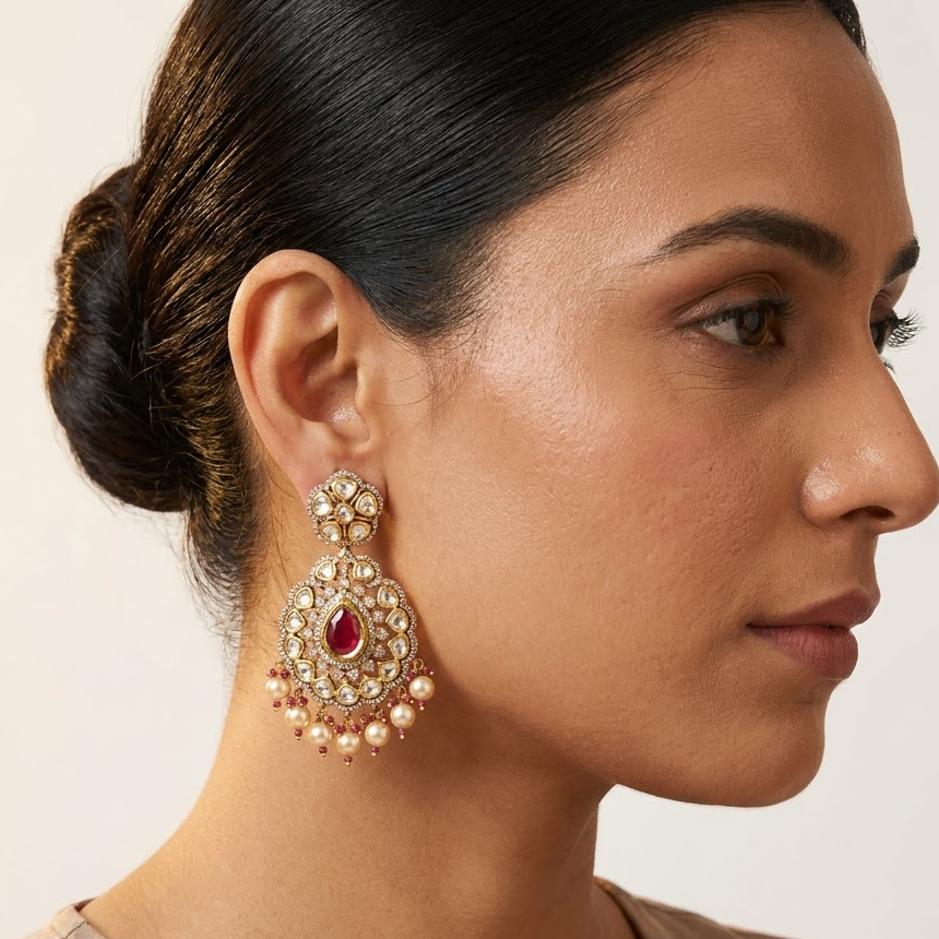 Vedilora Kundan Pearl Drop Earrings – Ruby, Green & White Statement Jewellery