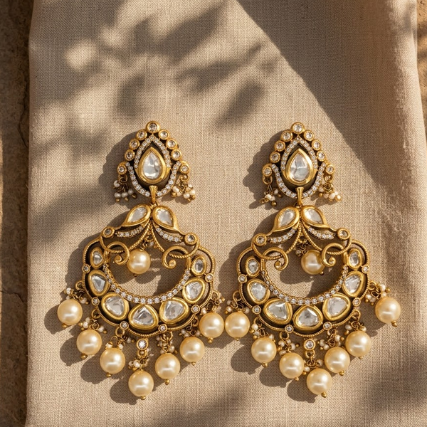 Kundan-Inspired Pearl-Style Chandbali Earrings