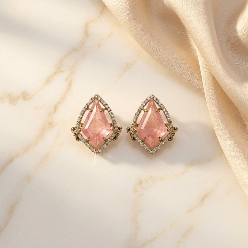 Blush Pink Gemstone Stud Earrings in Gold with Diamond Halo
