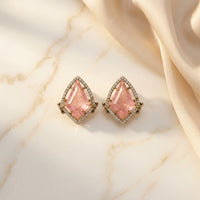 Blush Pink Gemstone Stud Earrings in Gold with Diamond Halo