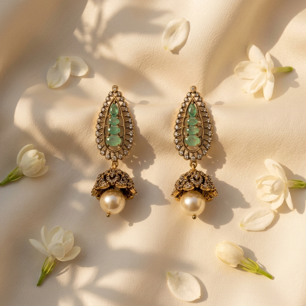Elegant Green Kundan-Inspired Pearl Jhumka Earrings