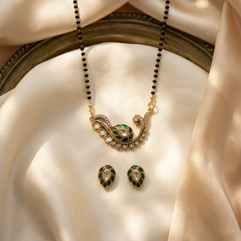 Royal Emerald Green Kundan Mangalsutra Set with Earrings