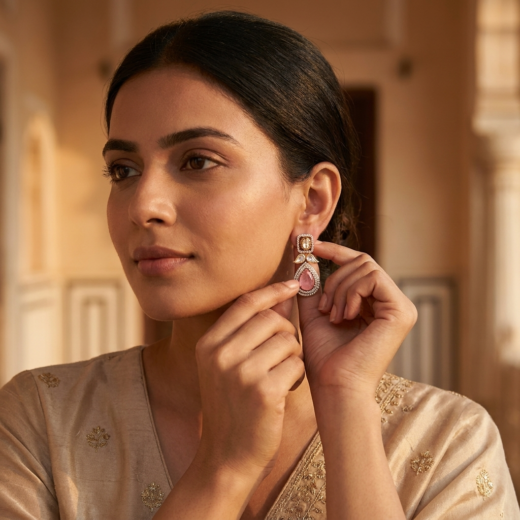 Blush Pink Teardrop Earrings – Gold-Finish Crystal Statement Earrings