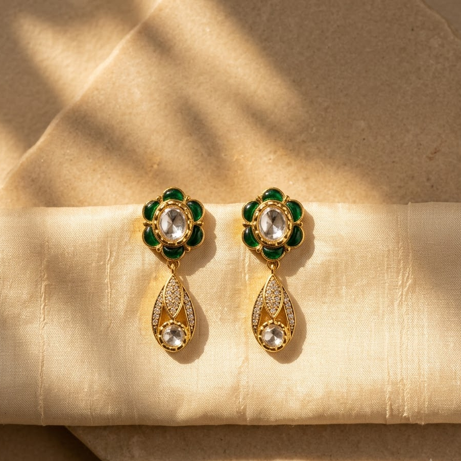 Vedilora Kundan Drop Earrings – Green, Blue & Ruby Floral Statement Jewellery