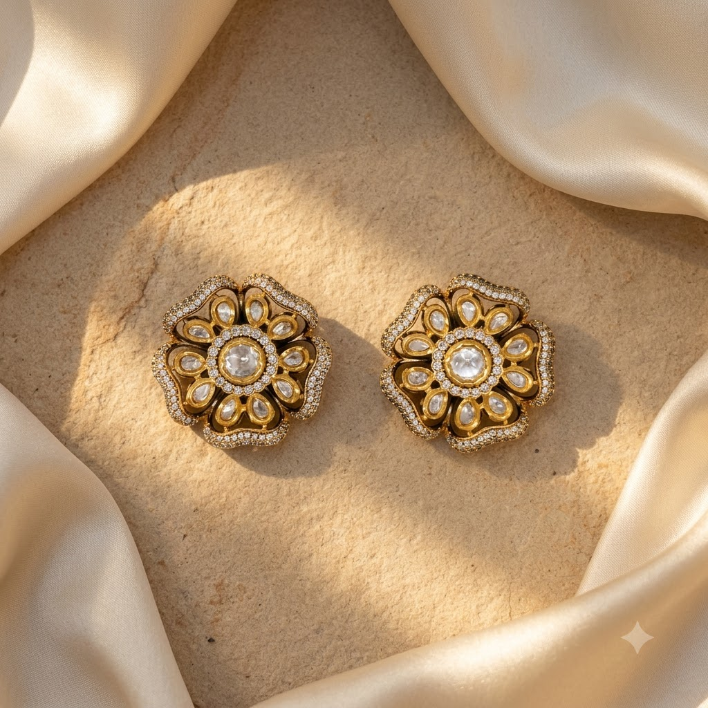 Vedilora Kundan Floral Stud Earrings – Elegant Gold-Tone Statement Jewellery