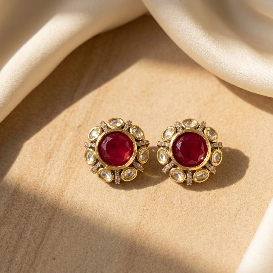 Vedilora Kundan Stud Earrings – Elegant Gold-Tone Statement Earrings