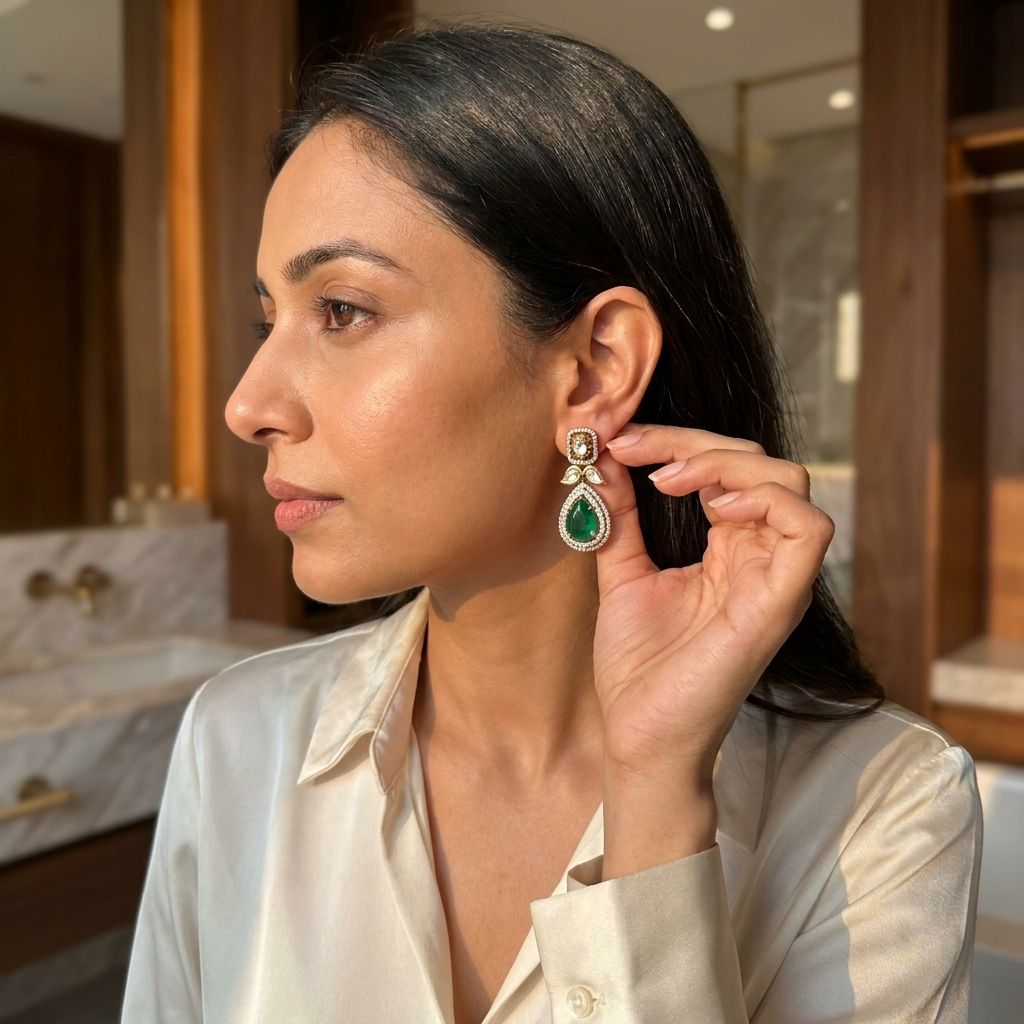 Emerald Green Teardrop Drop Earrings – Gold-Tone Crystal Statement Earrings