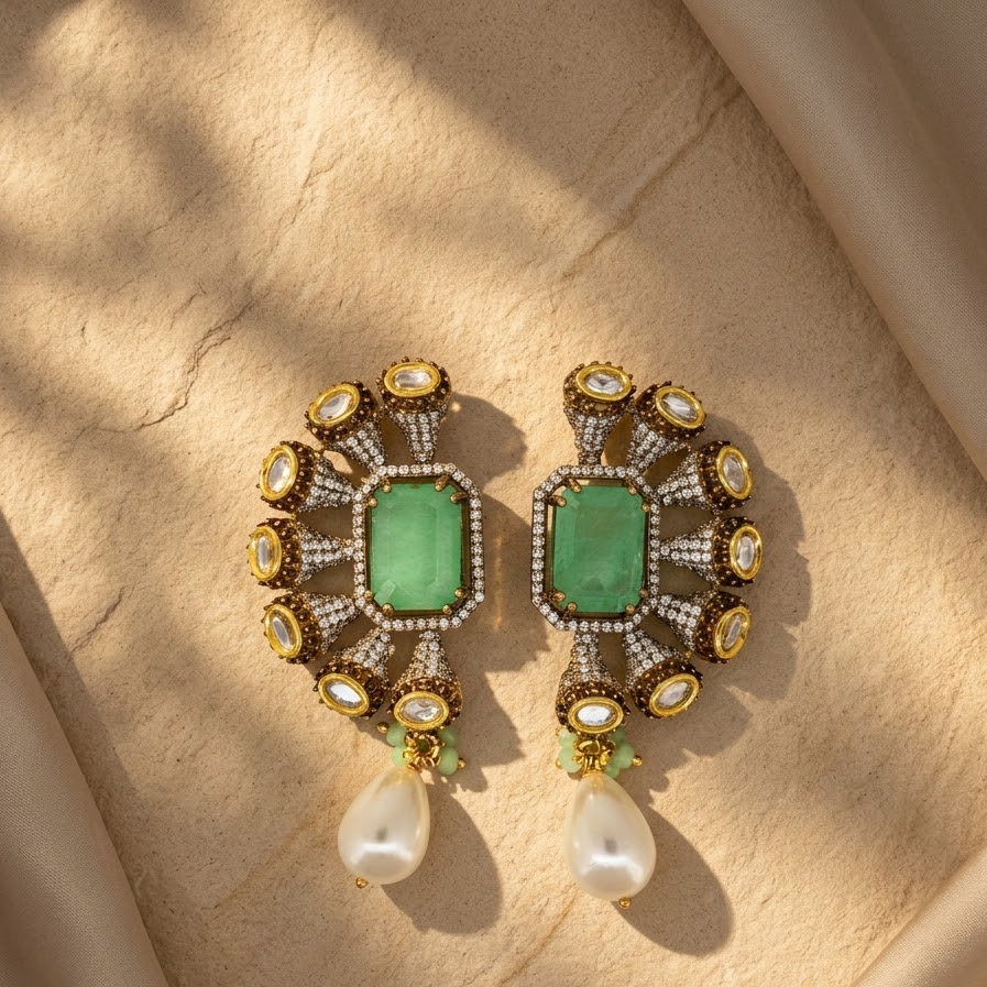 Vedilora Kundan Pearl Drop Earrings – Green & Pink Statement Ethnic Jewellery