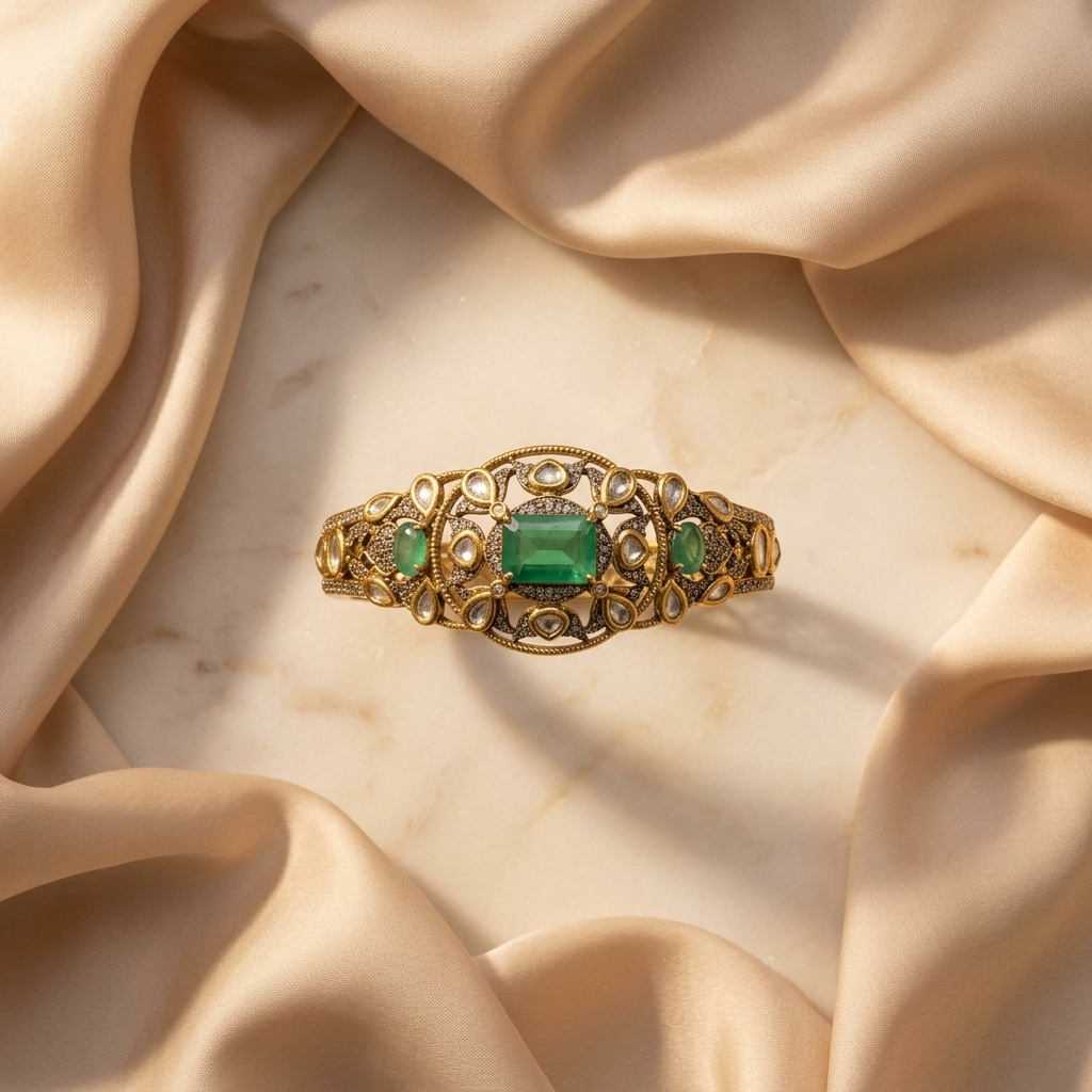 Emerald Green Kundan-Inspired Statement Bangle