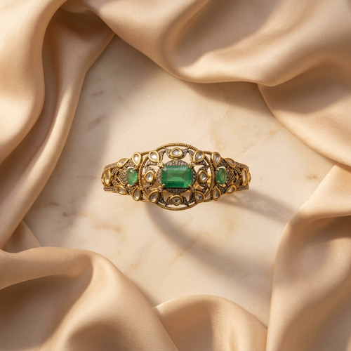 Emerald Green Kundan-Inspired Statement Bangle