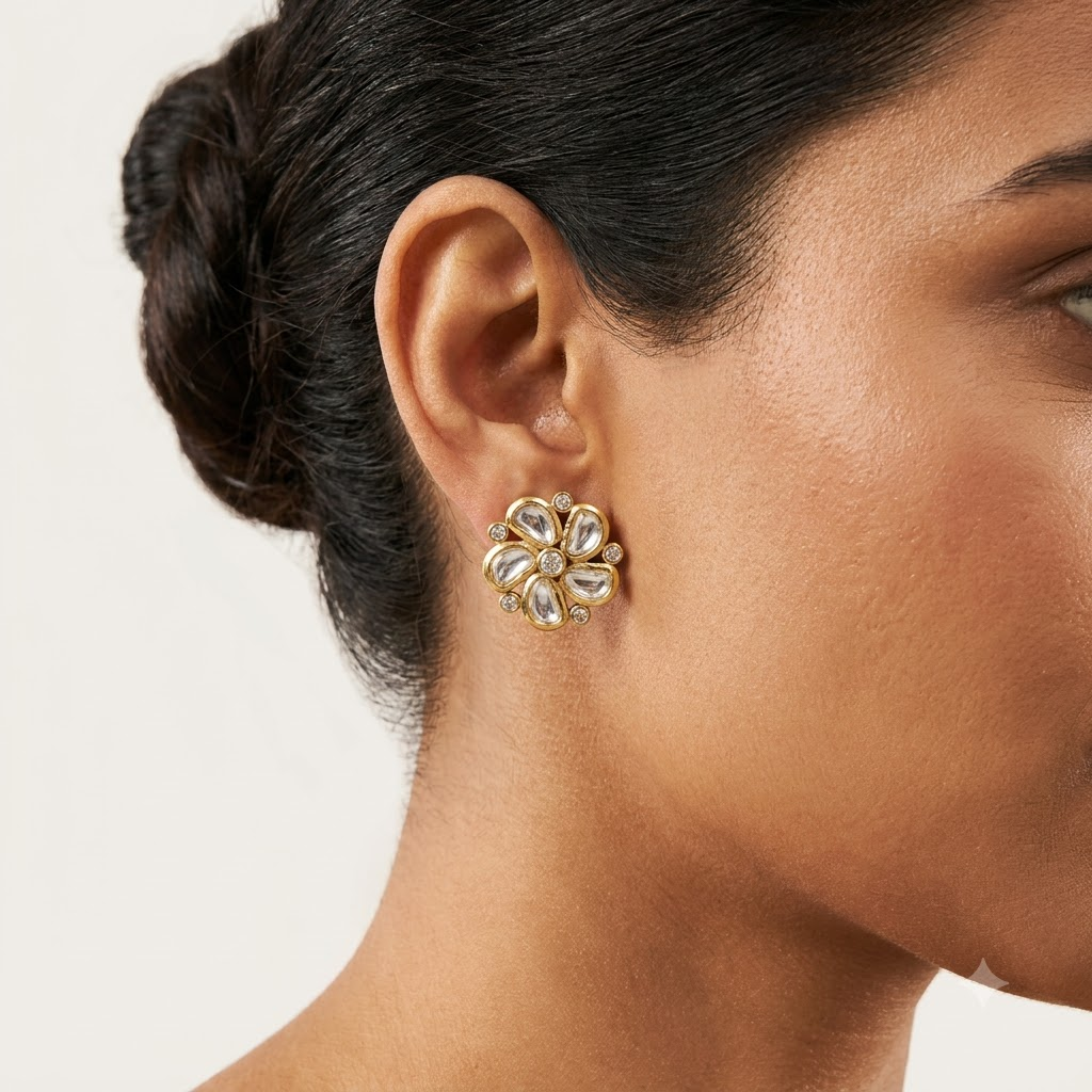 Vedilora Kundan Floral Stud Earrings – Elegant Gold-Tone Statement Jewellery