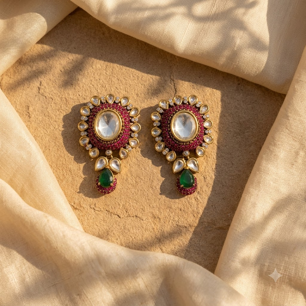 Vedilora Kundan Drop Earrings – Multicolor Stone & Gold-Tone Statement Earrings