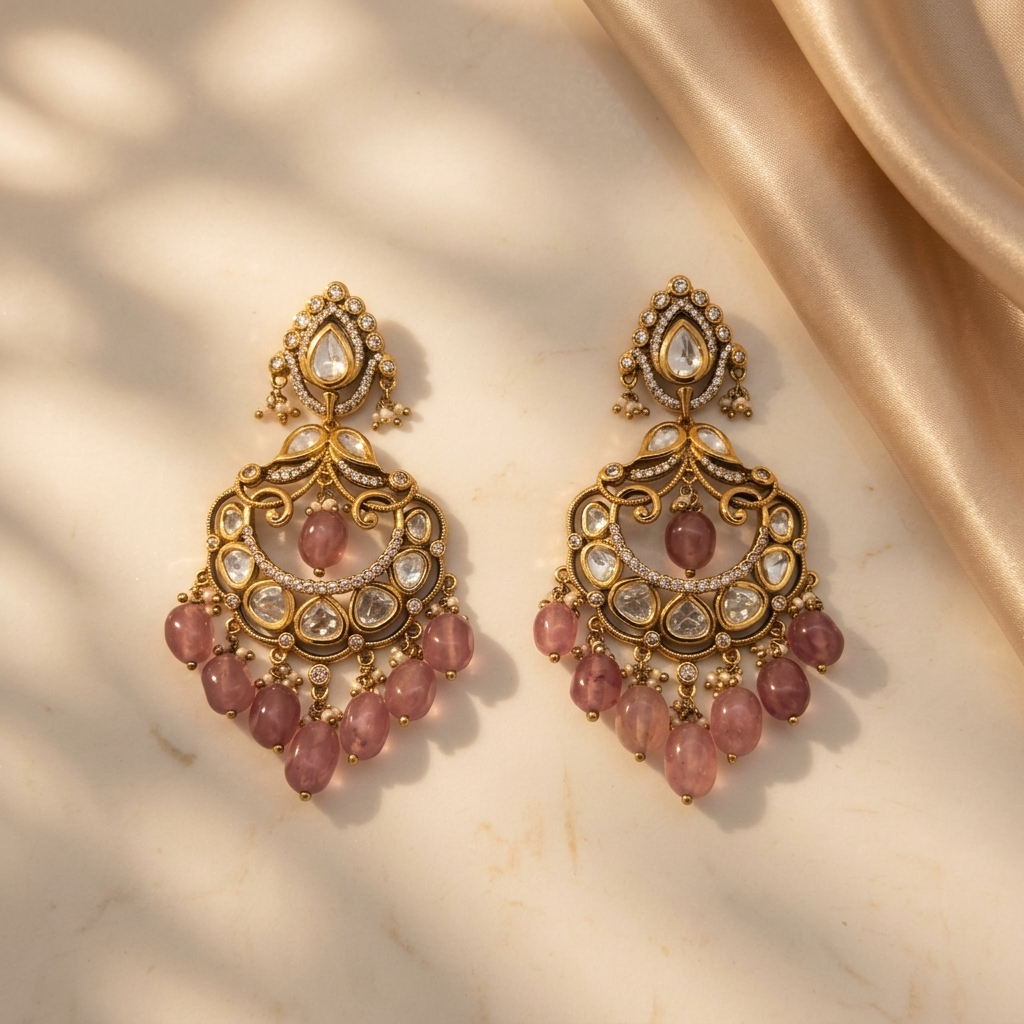 Royal Pink Kundan-Inspired Chandbali Earrings