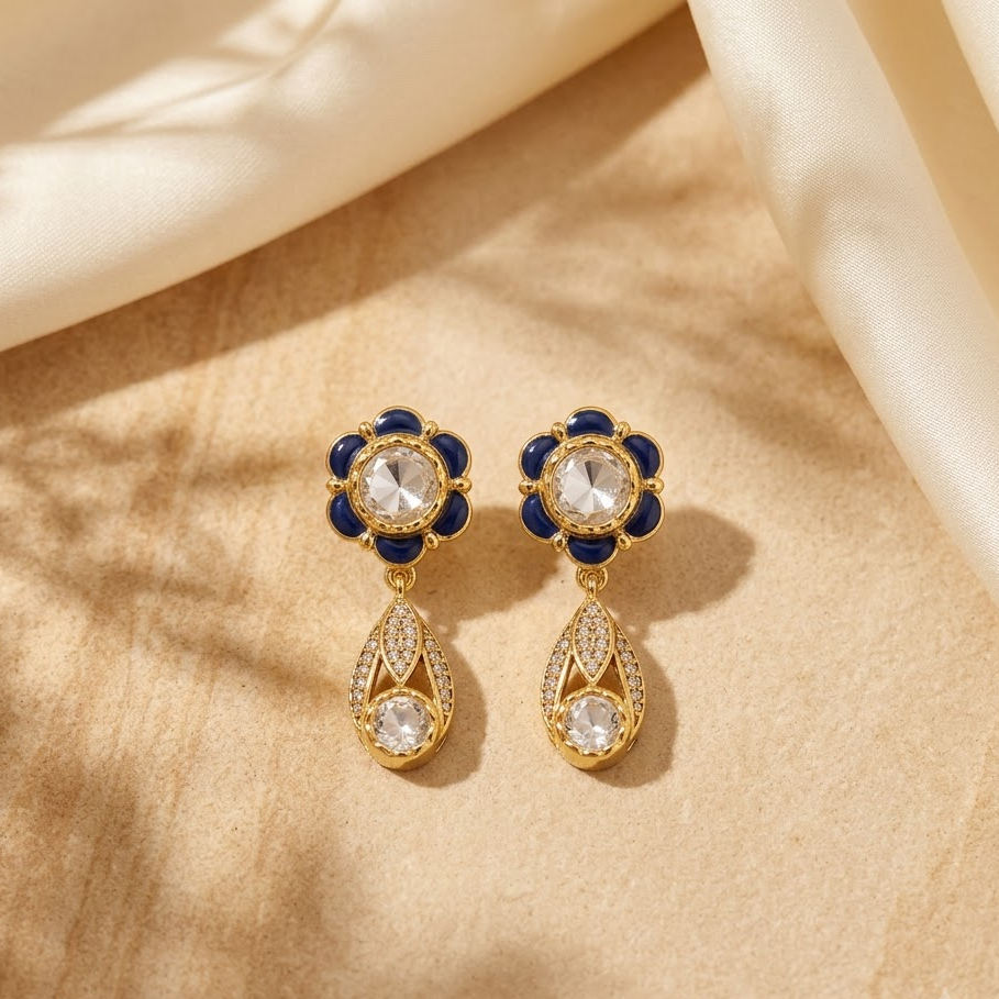 Vedilora Kundan Drop Earrings – Green, Blue & Ruby Floral Statement Jewellery