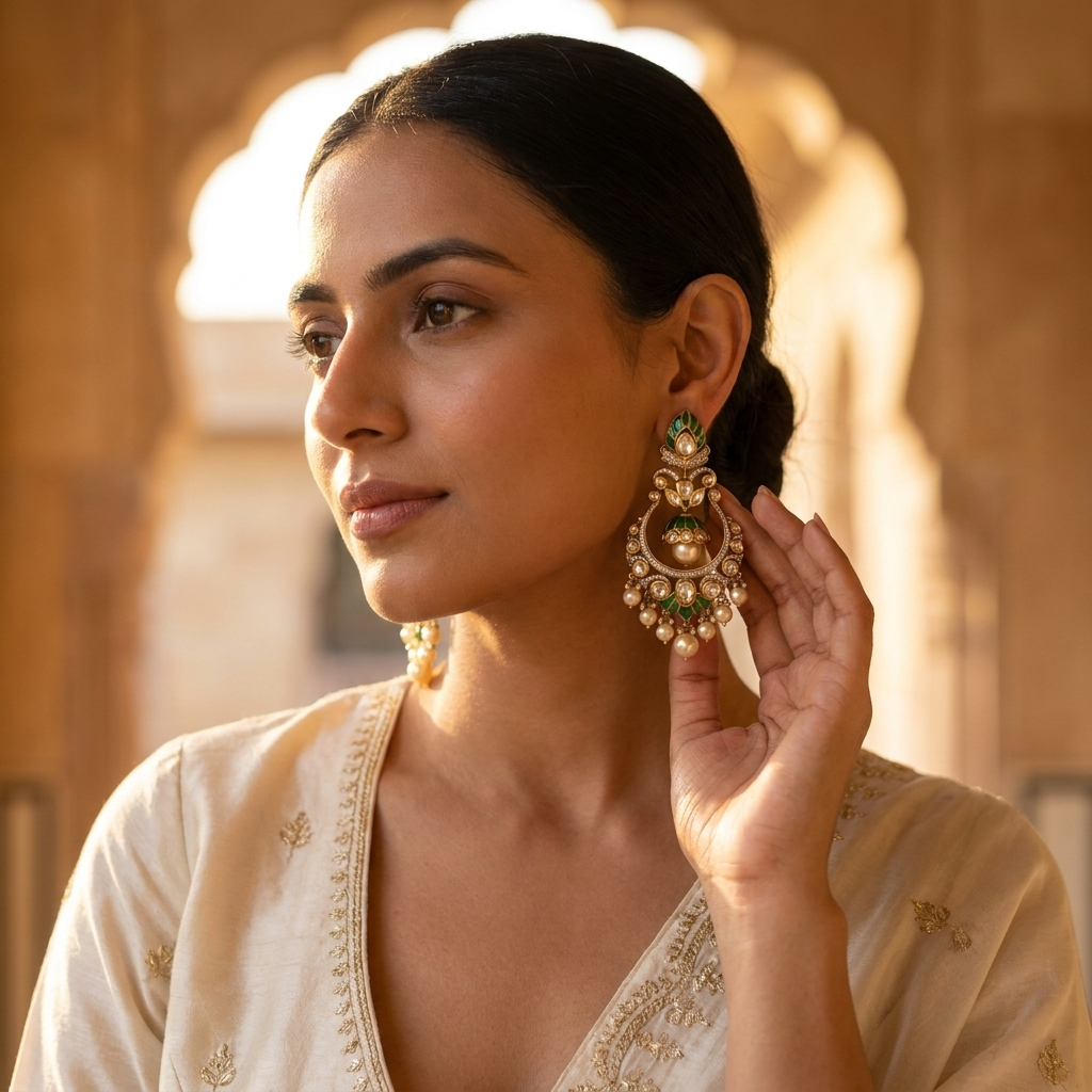 Traditional Kundan Chandbali Earrings – Green