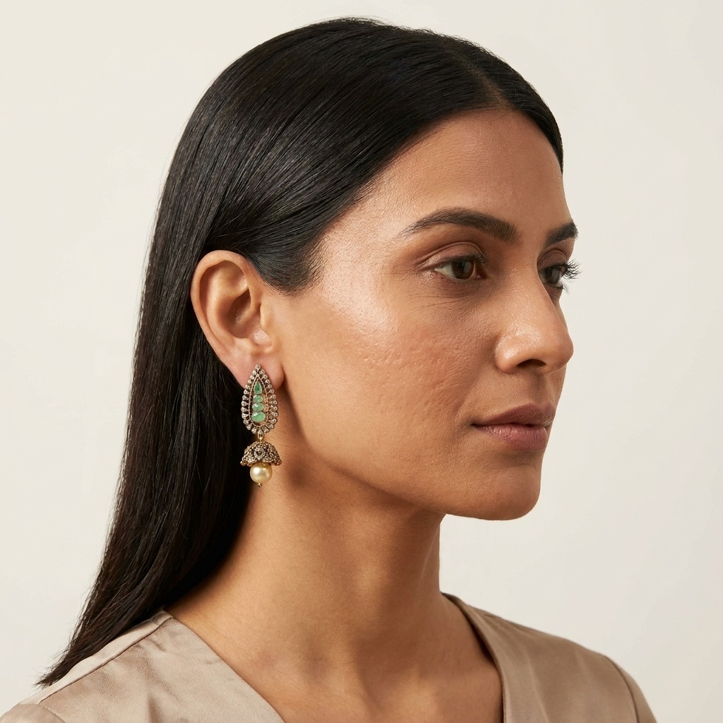 Elegant Green Kundan-Inspired Pearl Jhumka Earrings