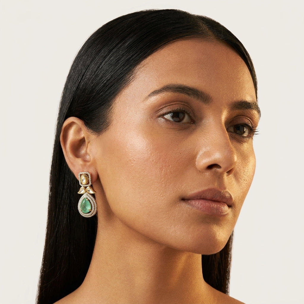 Royal Emerald Green Teardrop Kundan Earrings
