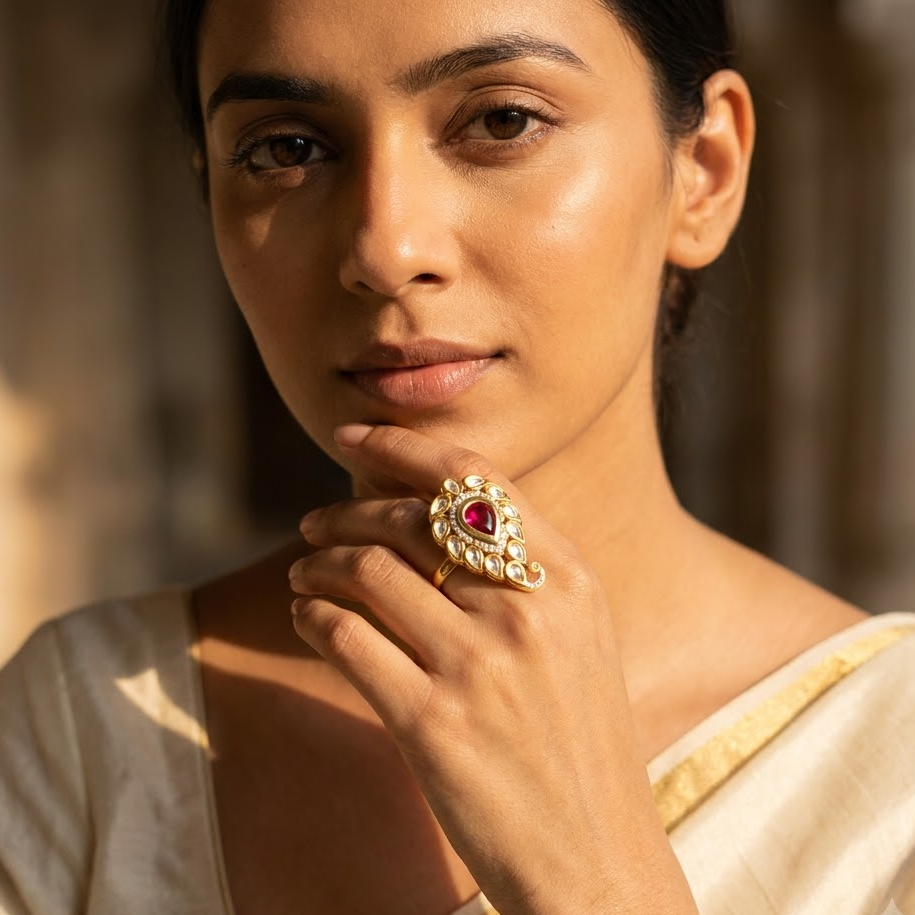 Teardrop Kundan Statement Ring Free Size / Adjustable Fit