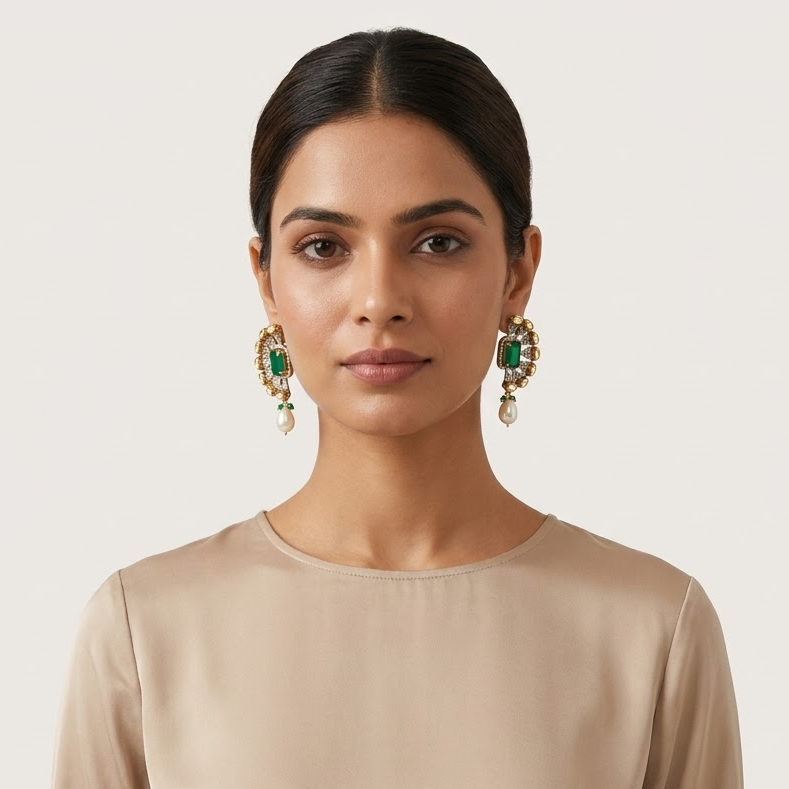 Vedilora Kundan Pearl Drop Earrings – Green & Pink Statement Ethnic Jewellery