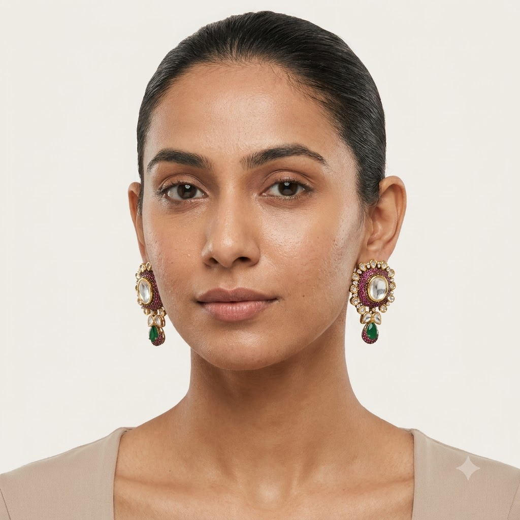 Vedilora Kundan Drop Earrings – Multicolor Stone & Gold-Tone Statement Earrings