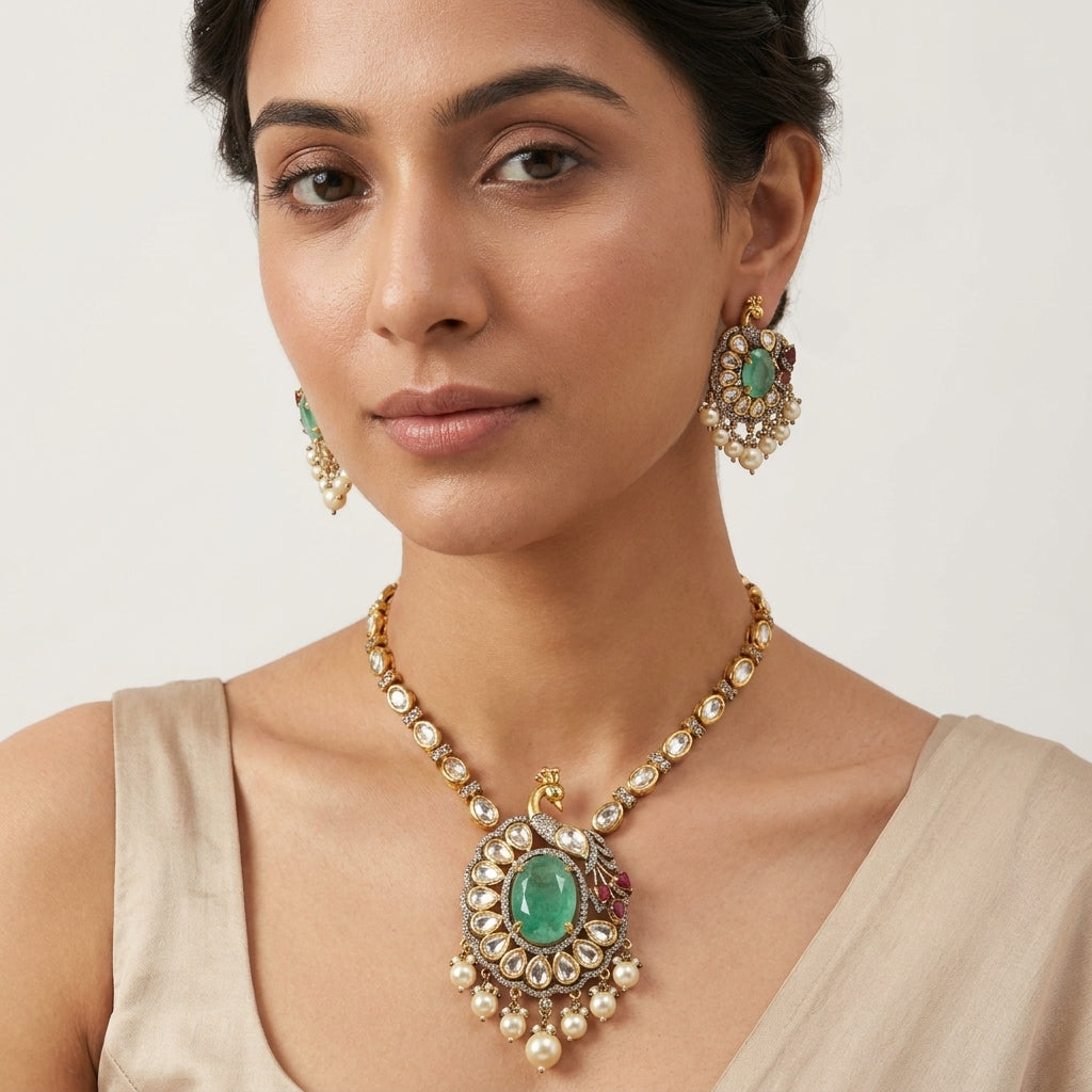 Royal Emerald Peacock Kundan Necklace Set with Earrings