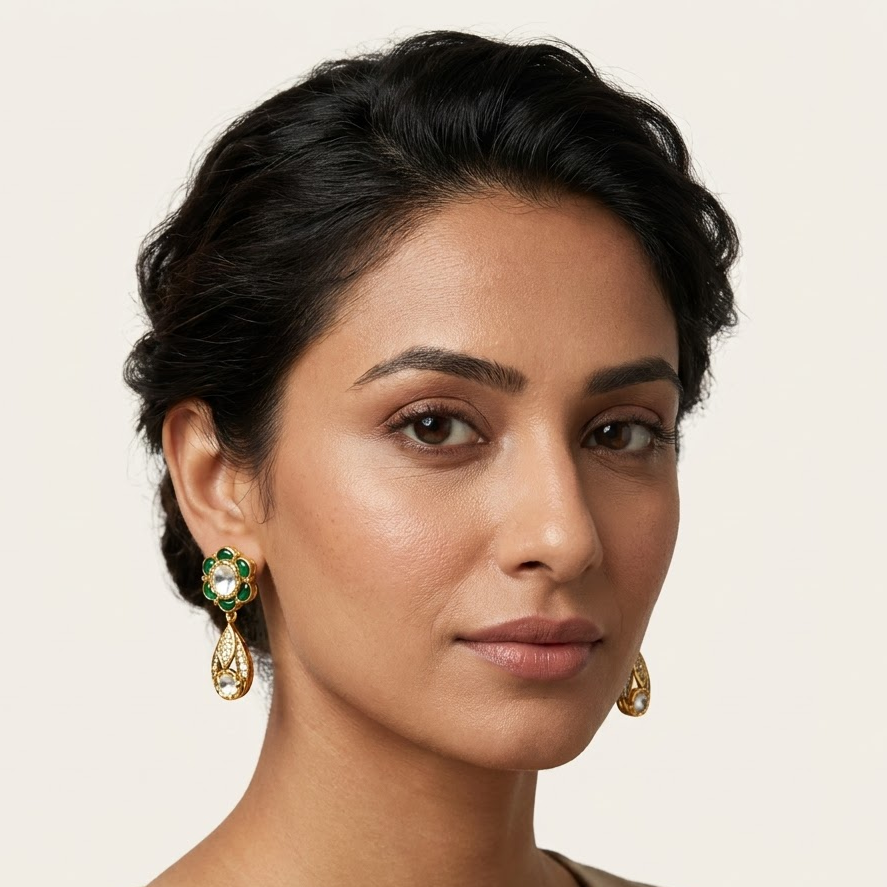 Vedilora Kundan Drop Earrings – Green, Blue & Ruby Floral Statement Jewellery