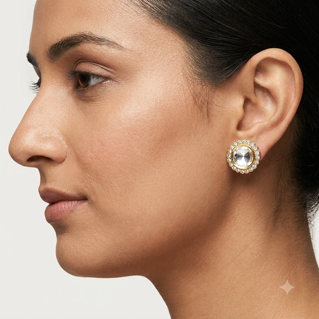 Vedilora Kundan Round Stud Earrings – Gold-Tone Crystal Statement Earrings