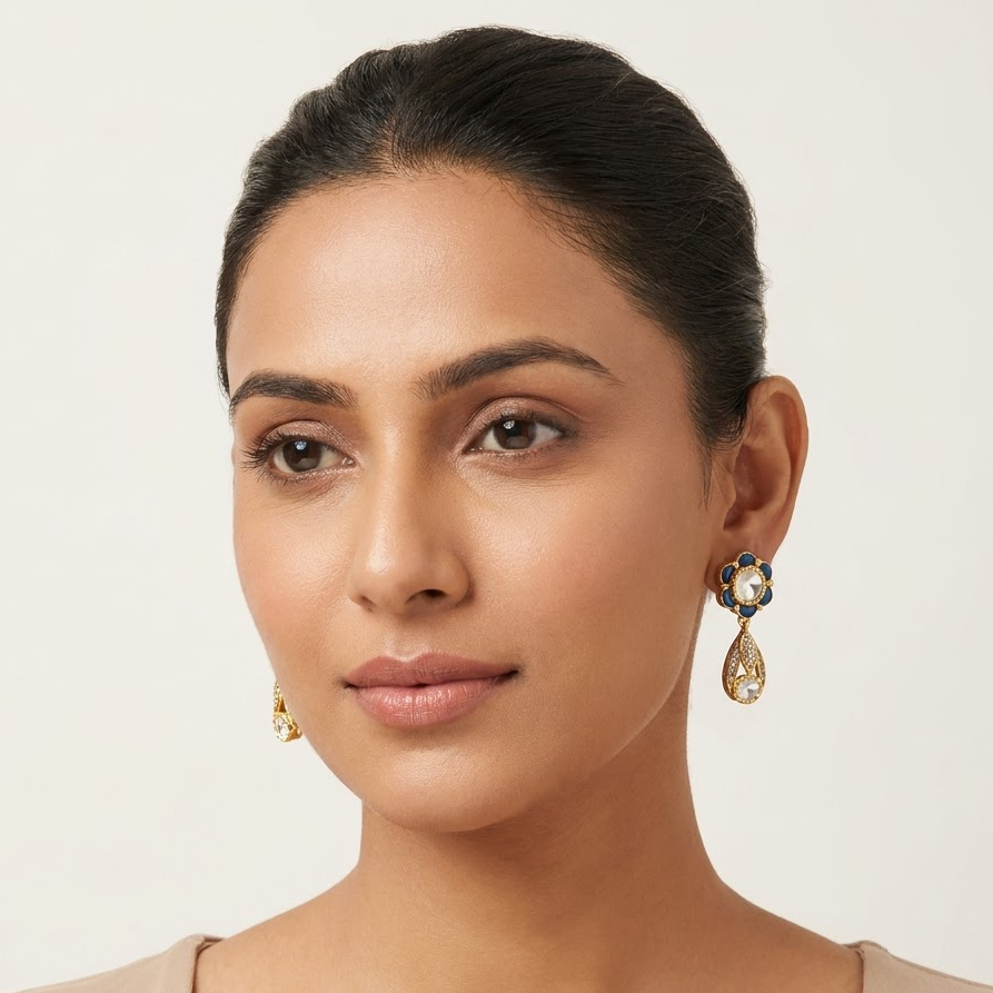 Vedilora Kundan Drop Earrings – Green, Blue & Ruby Floral Statement Jewellery