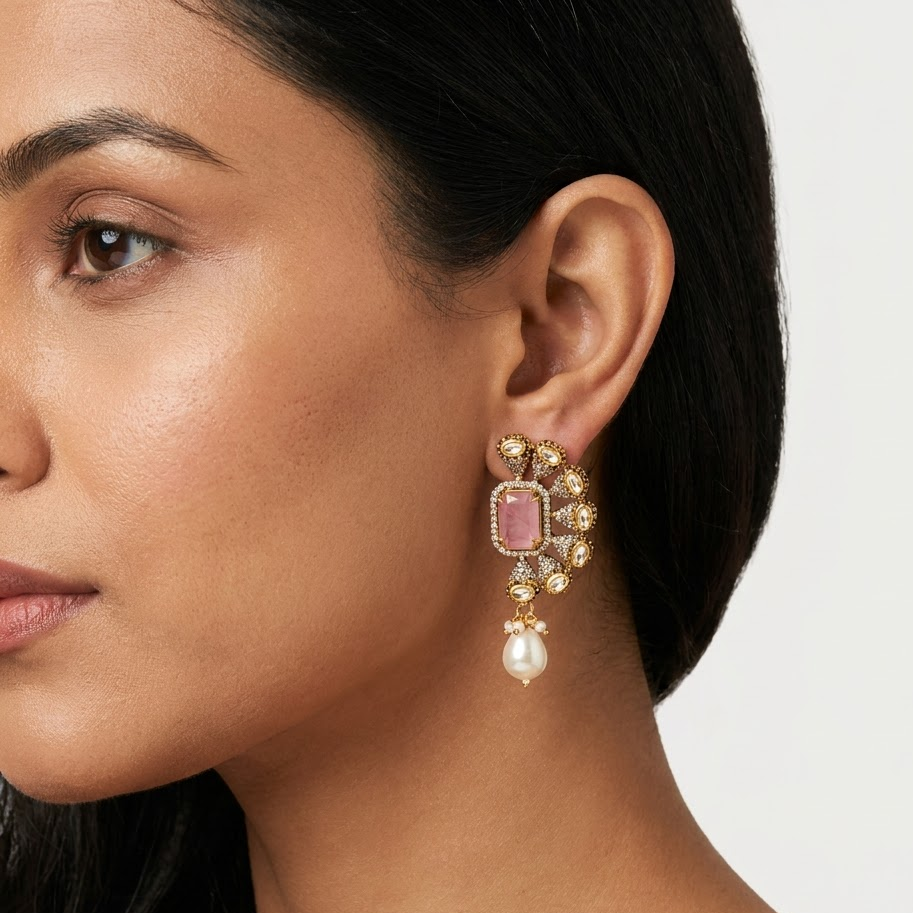 Vedilora Kundan Pearl Drop Earrings – Green & Pink Statement Ethnic Jewellery