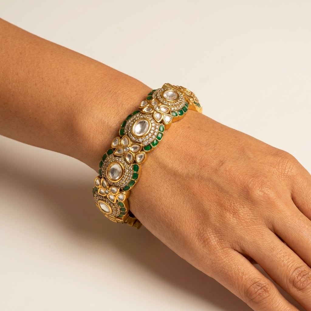 Royal Green Kundan-Inspired Statement Bangle
