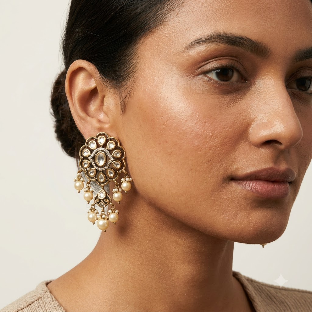 Vedilora Kundan Pearl Chandbali Earrings – Traditional Gold-Tone Statement Jewellery