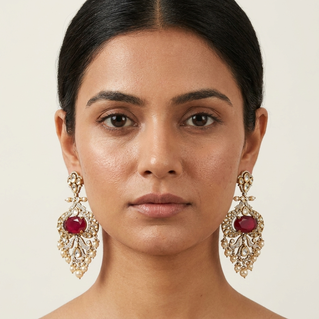 Ruby Red Kundan Chandelier Earrings – Gold-Tone Pearl & Crystal Statement Earrings