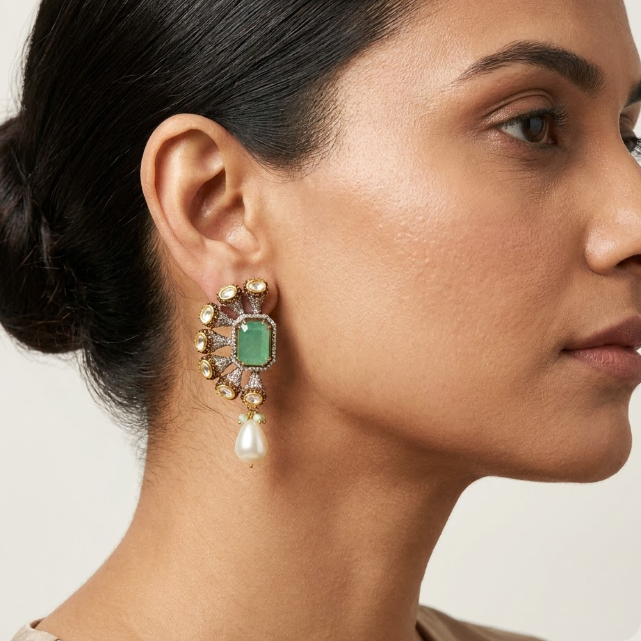 Vedilora Kundan Pearl Drop Earrings – Green & Pink Statement Ethnic Jewellery