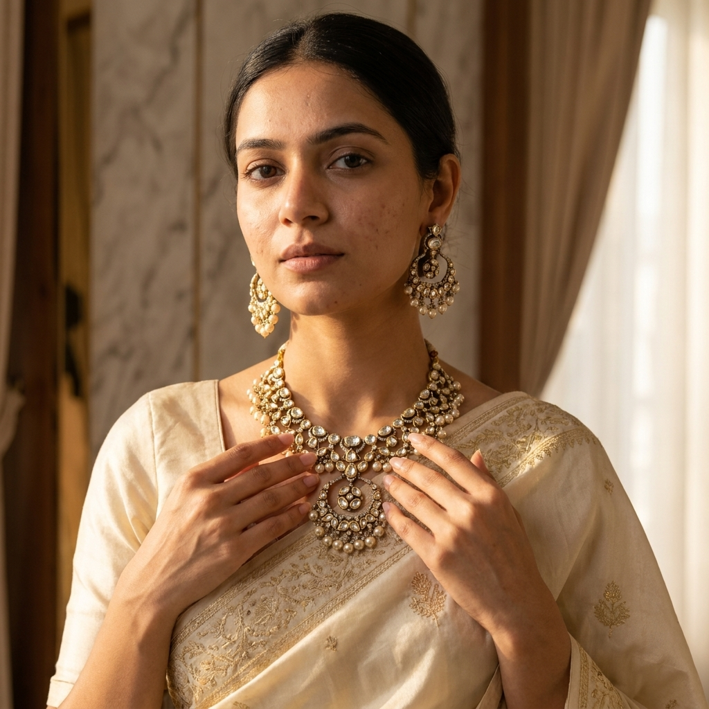 Royal Pearl Kundan-Inspired Bridal Necklace & Earrings Set