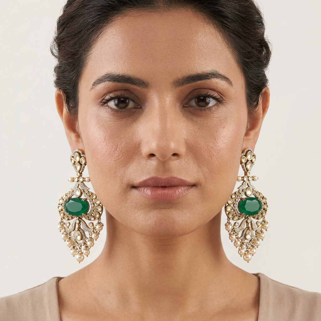 Emerald Green Kundan-Inspired Pearl Drop Earrings