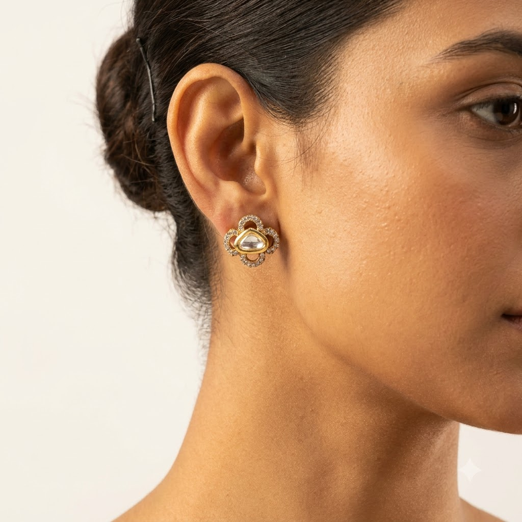 Vedilora Kundan Triangle Stud Earrings – Elegant Gold-Tone Statement Jewellery