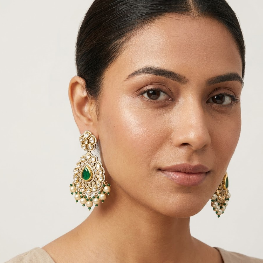 Vedilora Kundan Pearl Drop Earrings – Ruby, Green & White Statement Jewellery