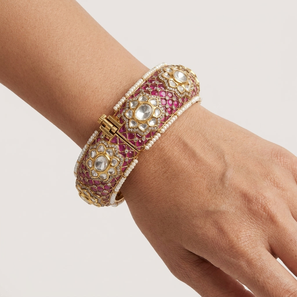 Royal Ruby Pink Kundan Polki Kada Bracelet for Women