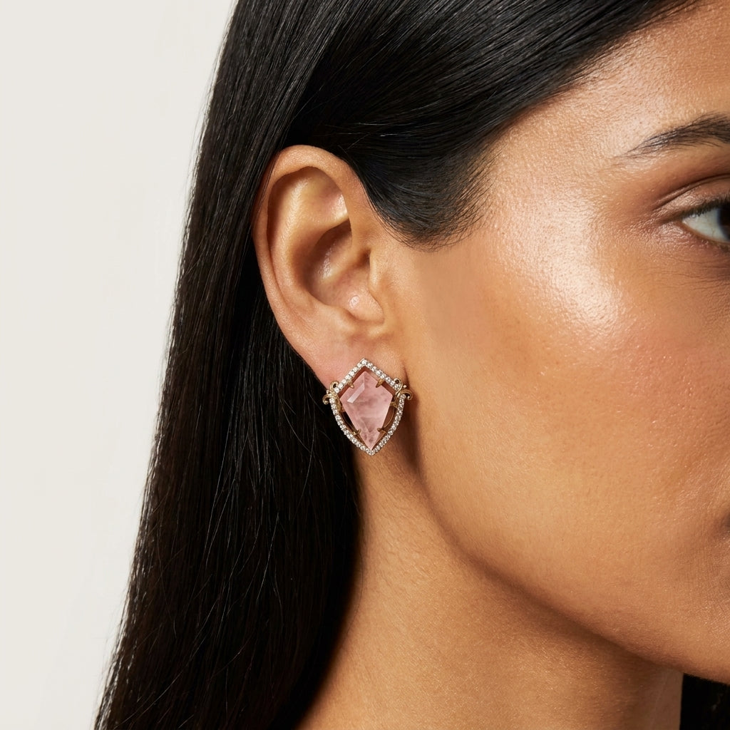 Blush Pink Gemstone Stud Earrings in Gold with Diamond Halo