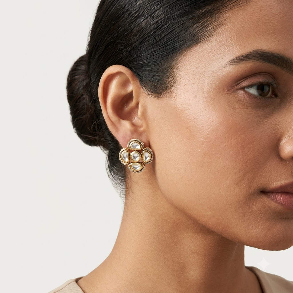 Vedilora Kundan Geometric Stud Earrings – Gold-Tone White Stone Statement Jewellery